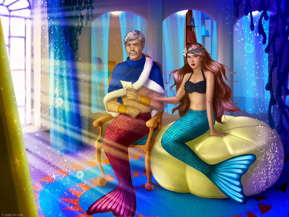 mermaiden mariana and king caspian sit together