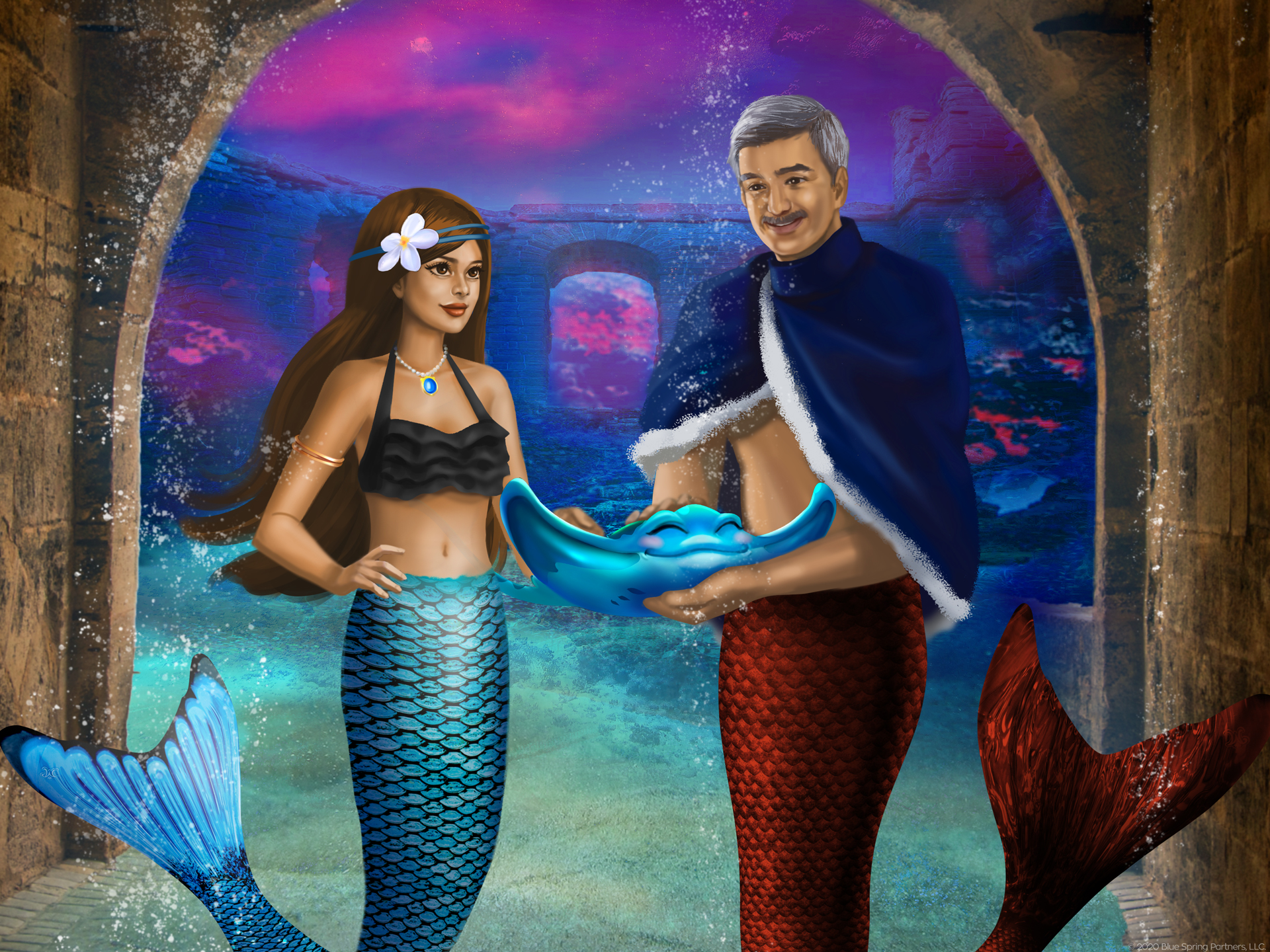 Mermaiden Mariana and MerKing Caspian beside each other while Caspian holds Rico the stingray